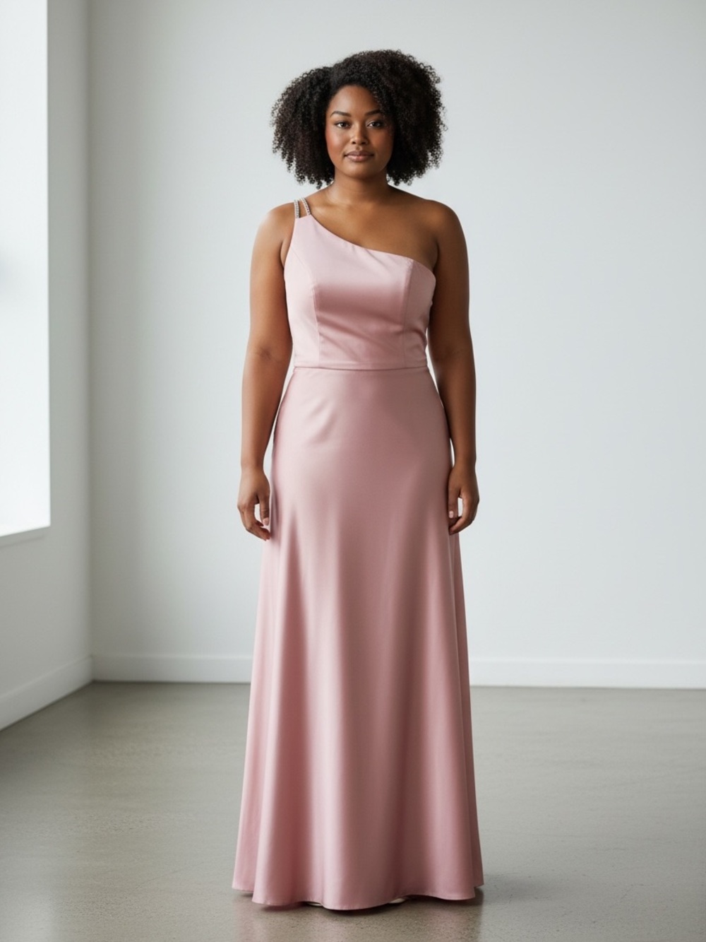 David's Bridal One-Shoulder Blush Pink Satin Gown